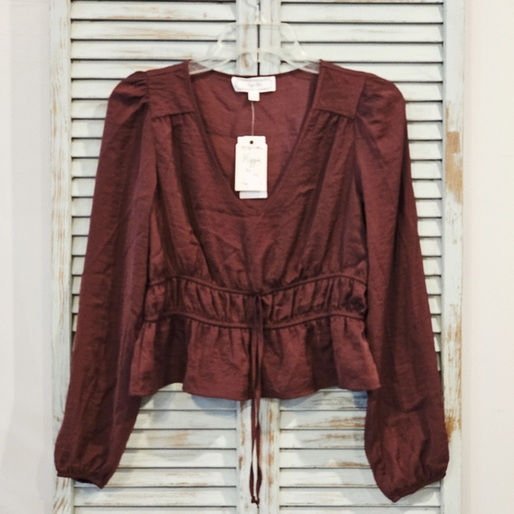 HIPPIE ROSE CROPPED PEASANT TOP Juniors S Iced Plum Boho Fall Woven Blouse BNWT - Picture 1 of 9